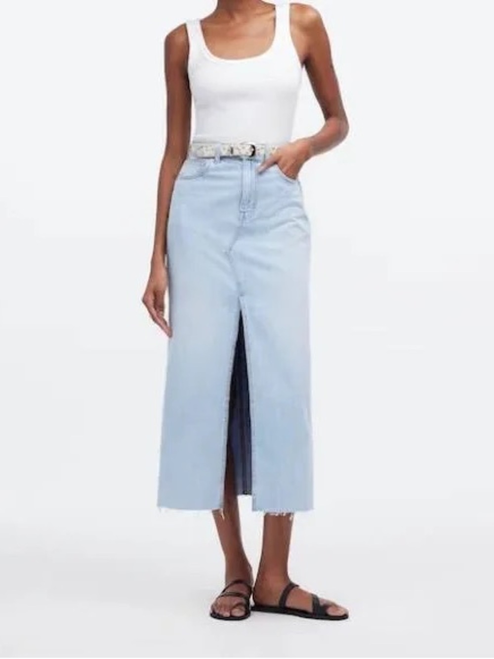 Madewell Light Wash Denim Midi Skirt with Front Slit